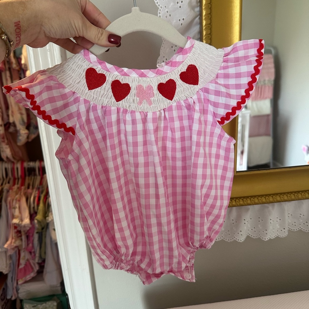 Pink Gingham Baby Romper with Heart Accents